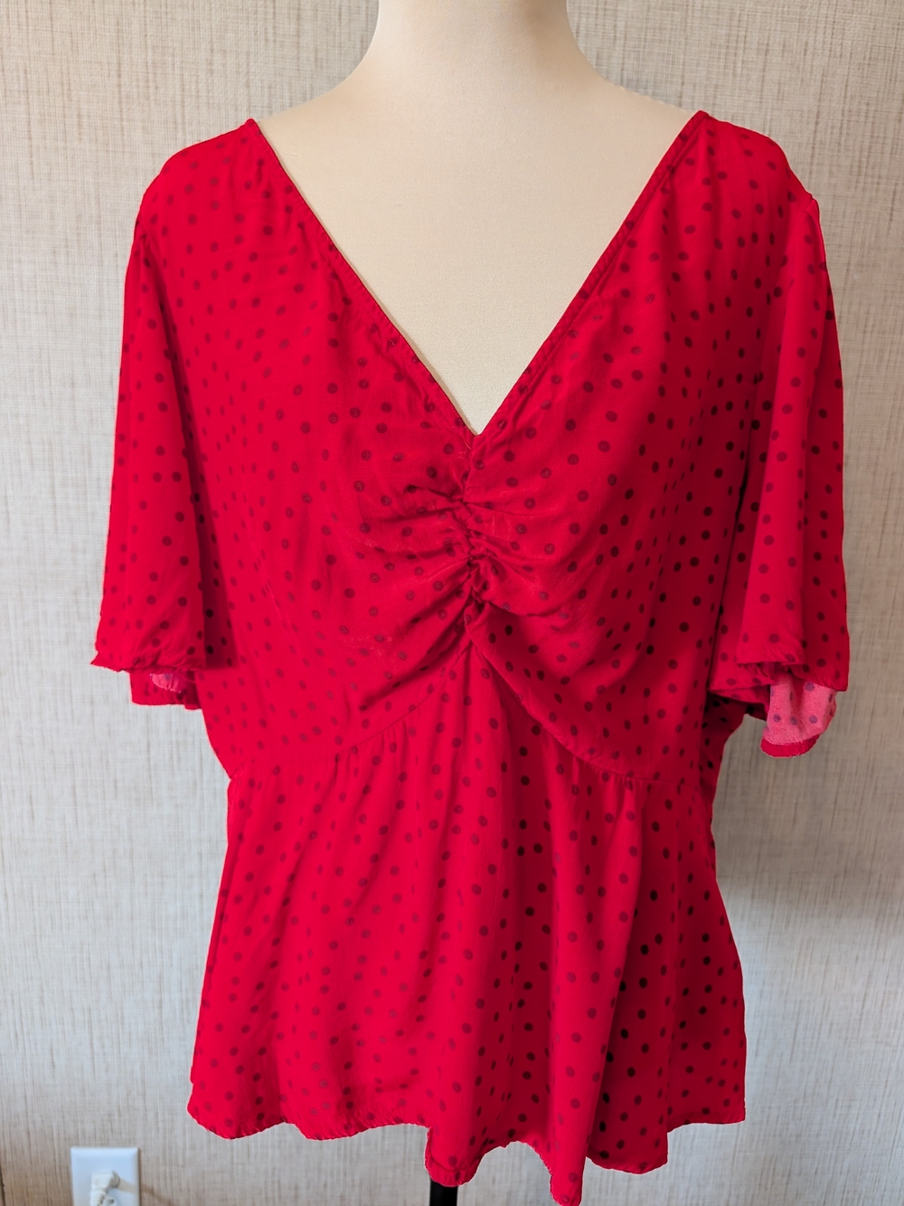a new day Red Polka Dot V-Neck Ruched Peplum Blouse